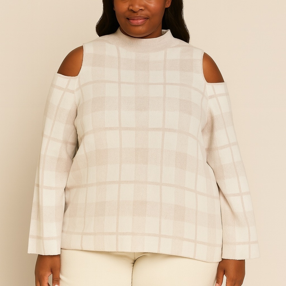 Style & Co XXL Cold Shoulder Sweater Beige/Taupe Plaid Mock Neck Cotton Blend